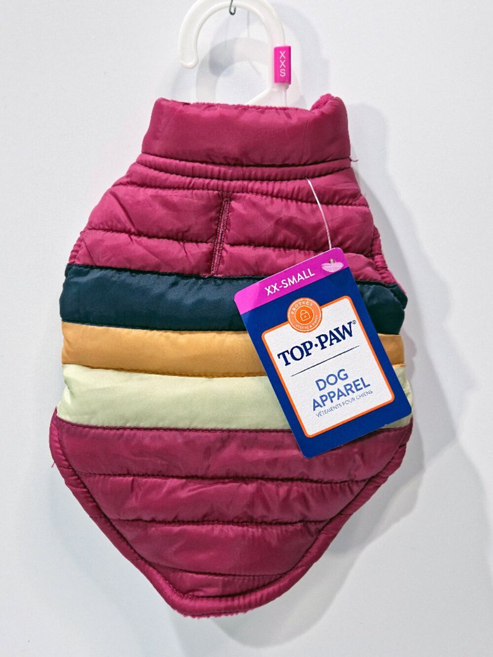 Top Paw Puffer Jacket for Dogs, Burgundy/Black/Gold/Green, NEW